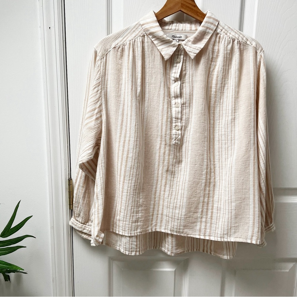 Madewell Gauze Popover Shirt Drop-Shoulder M White Mix Stripe Earthen Flowy - Picture 2 of 10